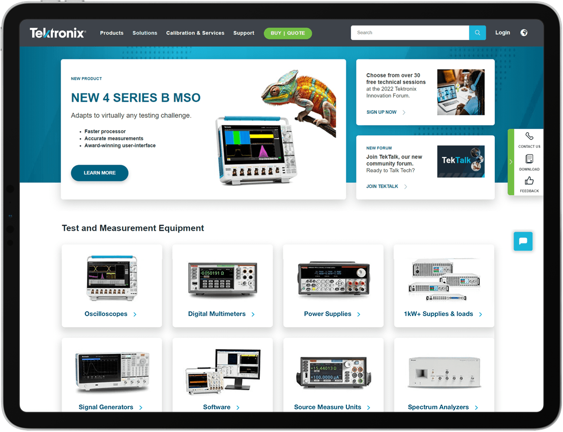 Homepage of a test and measurement equipment website featuring the new 4 Series B MSO, showcasing various digital oscilloscopes, power supplies, and measurement tools.